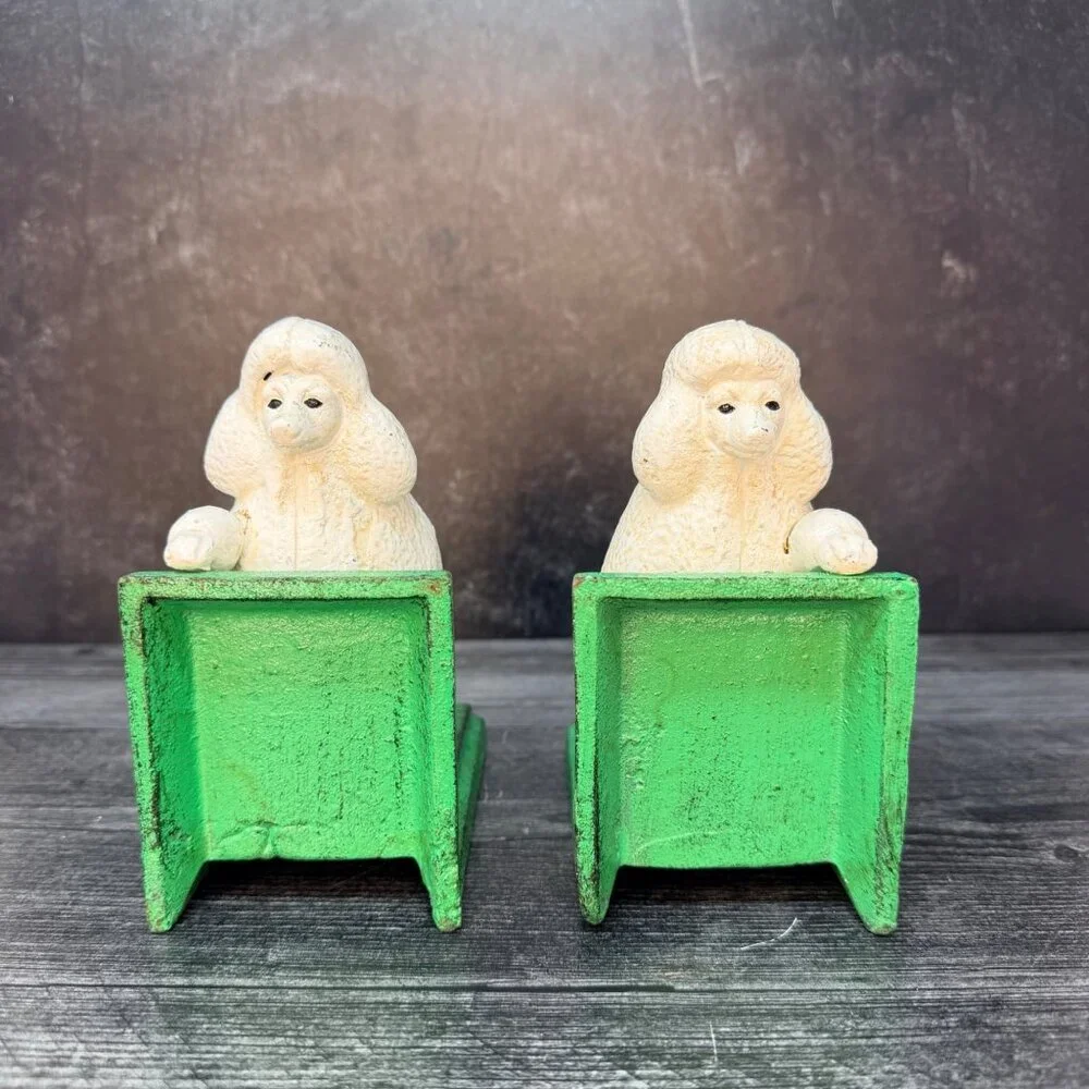Cast Iron White Poodle Dog Bookends Pair Vintage Style Midcentury MCM Heavy